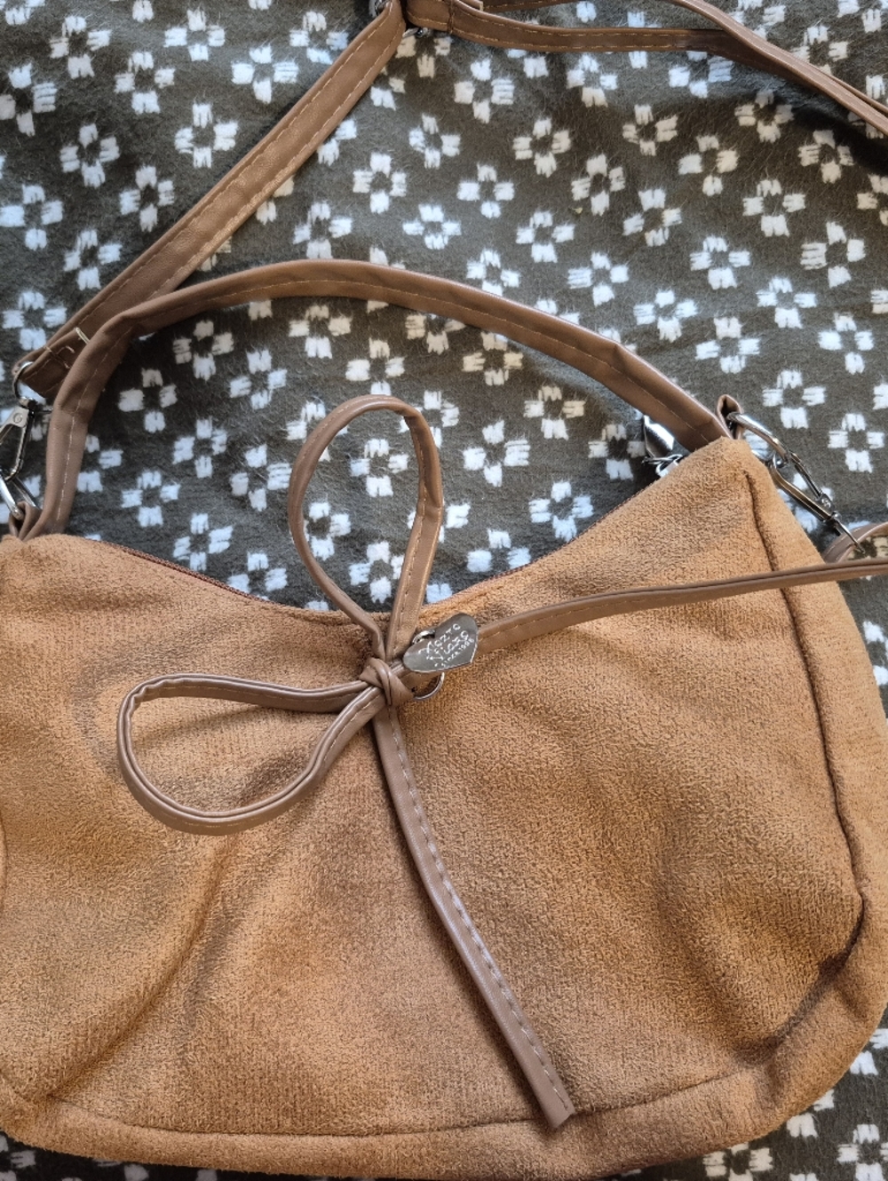 Tan Suede Crossbody Bag with Bow Accent